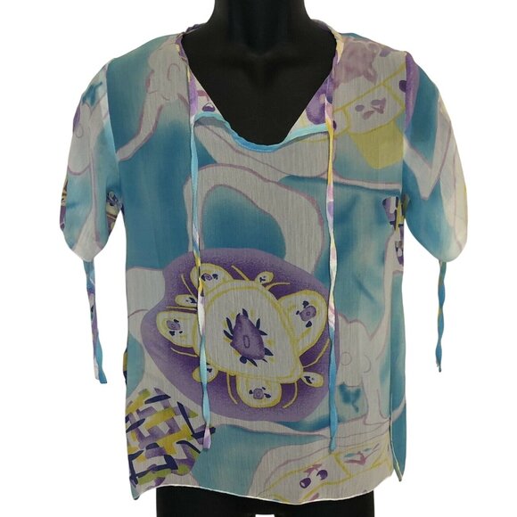 Miss Gra Womens Size Large Abstract Pattern Viscose Blouse With Tie Sleeves - Picture 1 of 4